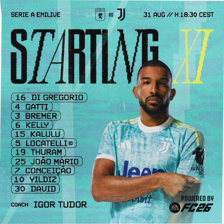 尤文vs热那亚首发：戴维、伊尔迪兹、小孔塞桑出战